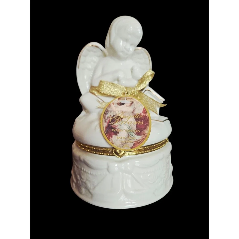 Vintage Style Ceramic Angel Trinket Box, White & Gold Angel Keepsake Box